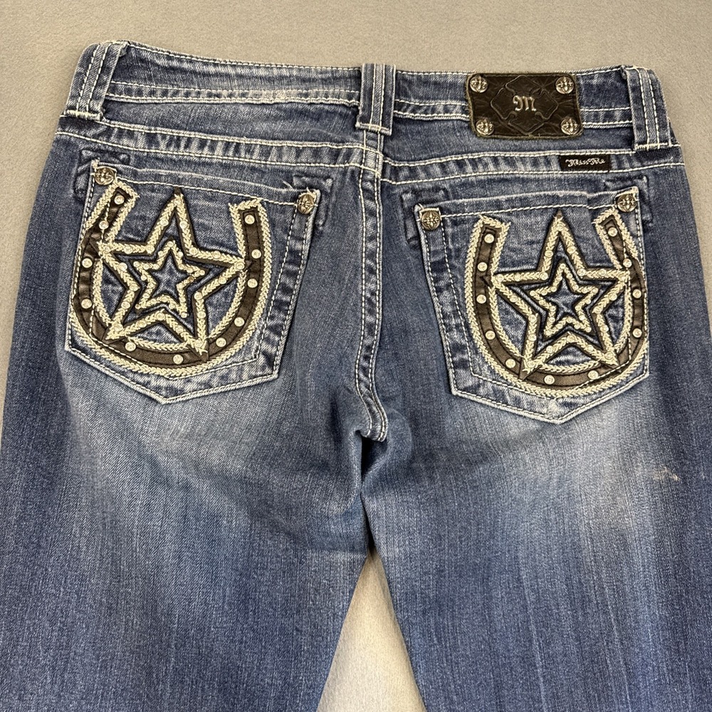 Miss Me Jean Y2K VTG Horseshoe Mid-Rise Boot EMBELISHED RHINESTONES WHISKERS